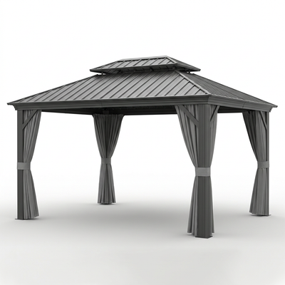 Hardtop Gazebo Built to Last Outdoors, 12'X14' Aluminum Frame, Double Layer Roof, Curtains & Netting