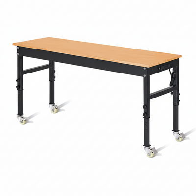 70 In. W X 21 In. D Heavy-Duty Work Bench Adjustable Work Bench Work Table, Solid Wood Top with Power Outlets and Wheels