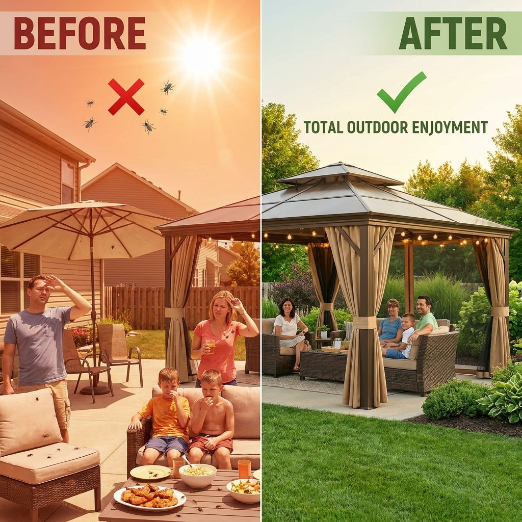 12'X10' Hardtop Gazebo, Aluminum Permanent Pavilion with Polycarbonate Double Roof, Removable Curtains & Mosquito Netting for Patio, Garden, Lawn, Upgrade Your Outdoors (Brown, 12'X10') — Before & After