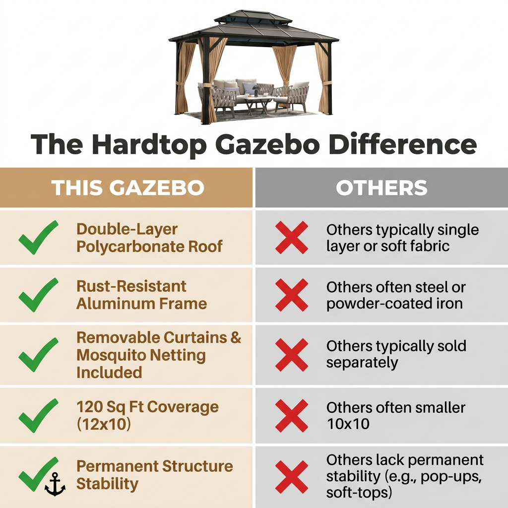 12'X10' Hardtop Gazebo, Aluminum Permanent Pavilion with Polycarbonate Double Roof, Removable Curtains & Mosquito Netting for Patio, Garden, Lawn, Upgrade Your Outdoors (Brown, 12'X10') — Comparison