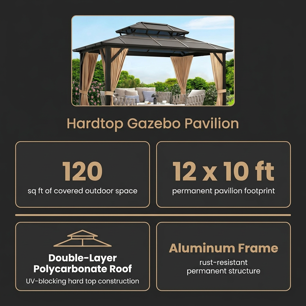 12'X10' Hardtop Gazebo, Aluminum Permanent Pavilion with Polycarbonate Double Roof, Removable Curtains & Mosquito Netting for Patio, Garden, Lawn, Upgrade Your Outdoors (Brown, 12'X10') — Results & Stats
