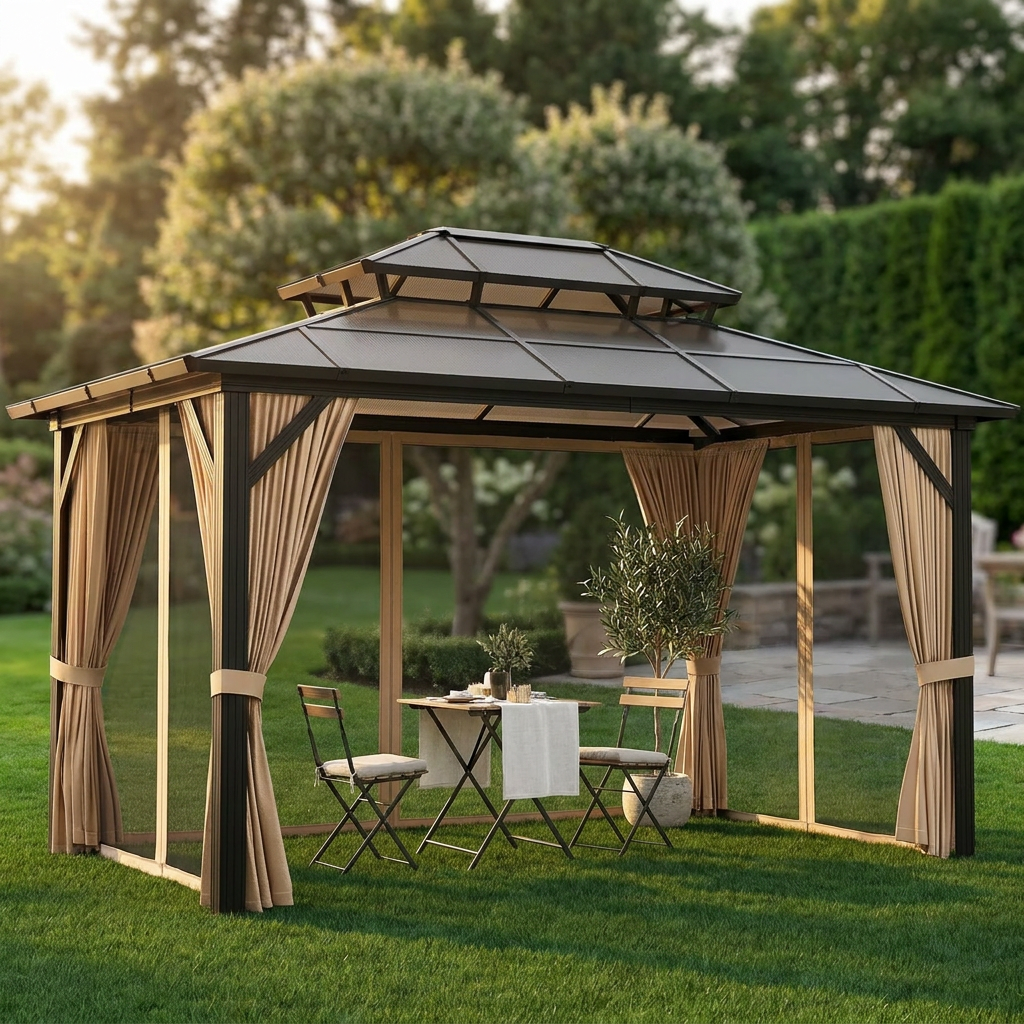 12'X10' Hardtop Gazebo, Aluminum Permanent Pavilion with Polycarbonate Double Roof, Removable Curtains & Mosquito Netting for Patio, Garden, Lawn, Upgrade Your Outdoors (Brown, 12'X10') — Studio Shot