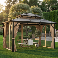 12'X10' Hardtop Gazebo, Aluminum Permanent Pavilion with Polycarbonate Double Roof, Removable Curtains & Mosquito Netting for Patio, Garden, Lawn, Upgrade Your Outdoors (Brown, 12'X10') — Studio Shot