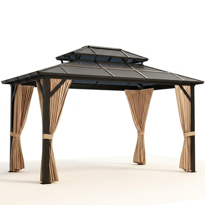 12' x 10' Aluminum Hardtop Gazebo with Polycarbonate Double Roof, Curtains & Netting