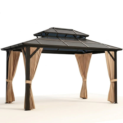 12'X10' Hardtop Gazebo, Aluminum Permanent Pavilion with Polycarbonate Double Roof, Removable Curtains & Mosquito Netting for Patio, Garden, Lawn, Upgrade Your Outdoors (Brown, 12'X10') — Studio Shot