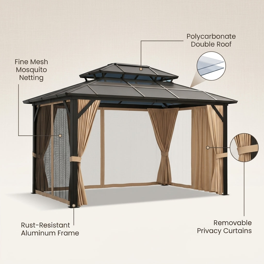 12'X10' Hardtop Gazebo, Aluminum Permanent Pavilion with Polycarbonate Double Roof, Removable Curtains & Mosquito Netting for Patio, Garden, Lawn, Upgrade Your Outdoors (Brown, 12'X10') — infographic