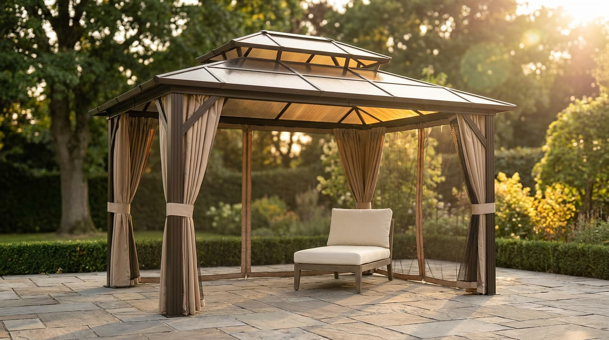 12'X10' Hardtop Gazebo, Aluminum Permanent Pavilion with Polycarbonate Double Roof, Removable Curtains & Mosquito Netting for Patio, Garden, Lawn, Upgrade Your Outdoors (Brown, 12'X10') — Lifestyle