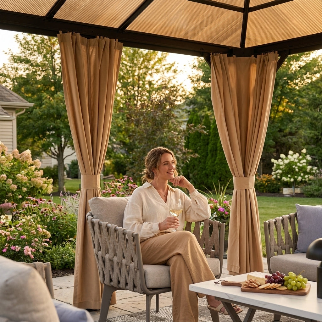 12'X10' Hardtop Gazebo, Aluminum Permanent Pavilion with Polycarbonate Double Roof, Removable Curtains & Mosquito Netting for Patio, Garden, Lawn, Upgrade Your Outdoors (Brown, 12'X10') — Lifestyle