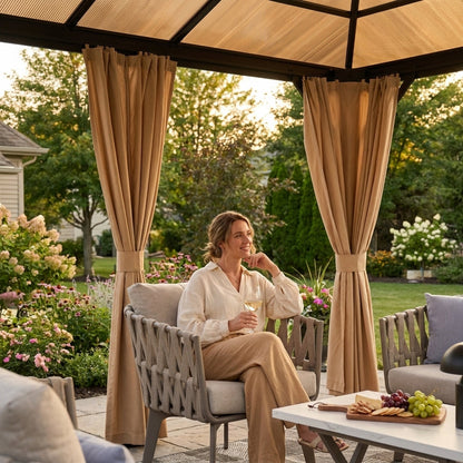 12'X10' Hardtop Gazebo, Aluminum Permanent Pavilion with Polycarbonate Double Roof, Removable Curtains & Mosquito Netting for Patio, Garden, Lawn, Upgrade Your Outdoors (Brown, 12'X10') — Lifestyle