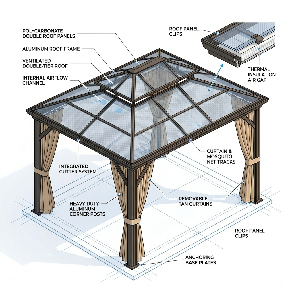 12'X10' Hardtop Gazebo, Aluminum Permanent Pavilion with Polycarbonate Double Roof, Removable Curtains & Mosquito Netting for Patio, Garden, Lawn, Upgrade Your Outdoors (Brown, 12'X10') — How It Works
