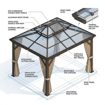 12'X10' Hardtop Gazebo, Aluminum Permanent Pavilion with Polycarbonate Double Roof, Removable Curtains & Mosquito Netting for Patio, Garden, Lawn, Upgrade Your Outdoors (Brown, 12'X10') — How It Works
