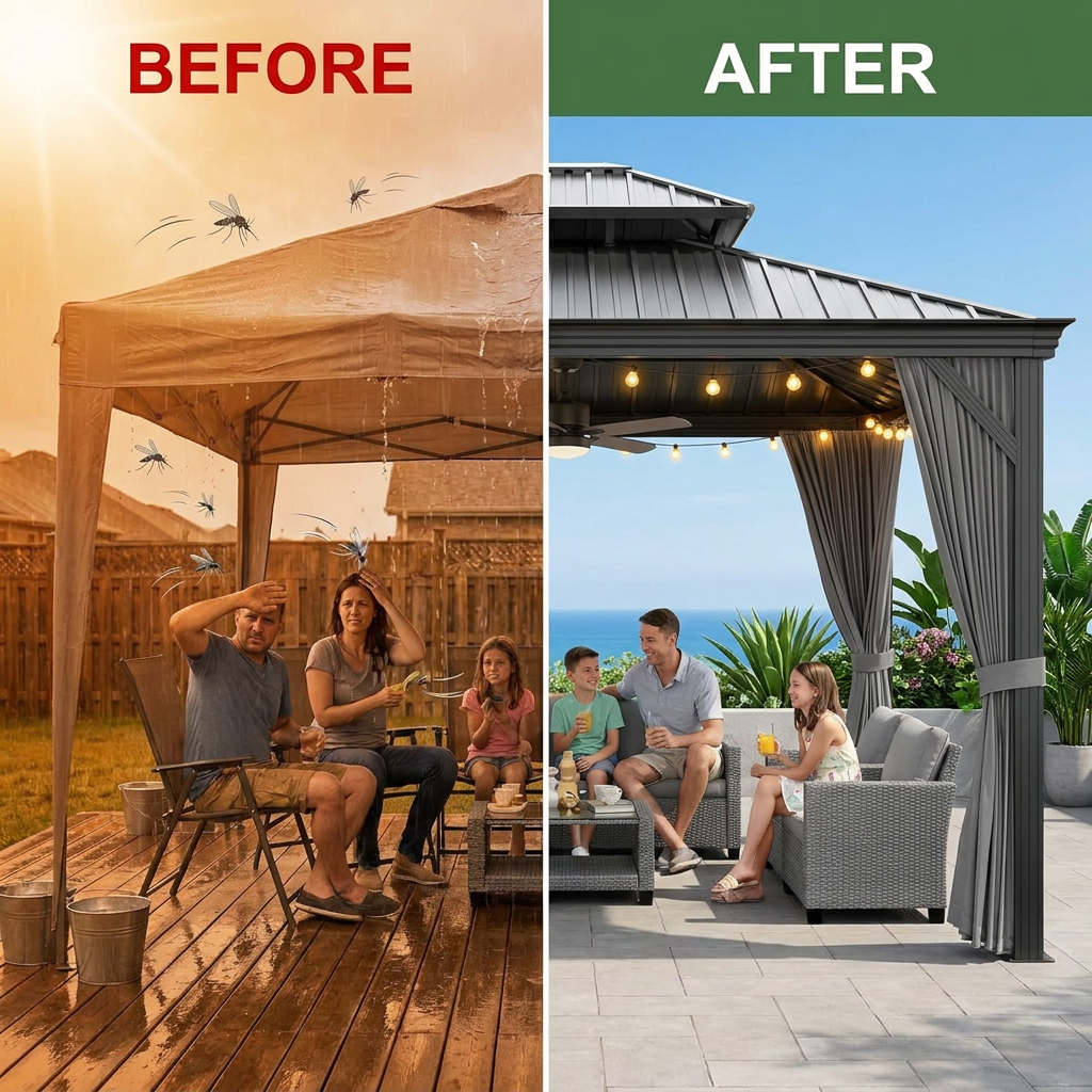 12'X14' Hardtop Gazebo, Heavy Duty Aluminum Permanent Hardtop Gazebo Outdoor Pavilion with Curtains and Netting for Garden — Before & After