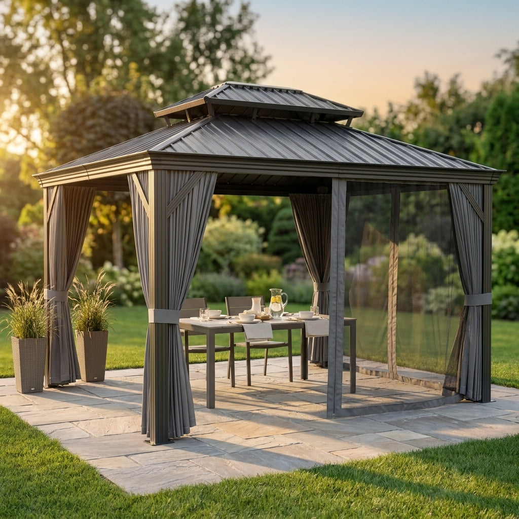 12'X14' Hardtop Gazebo, Heavy Duty Aluminum Permanent Hardtop Gazebo Outdoor Pavilion with Curtains and Netting for Garden — Studio Shot
