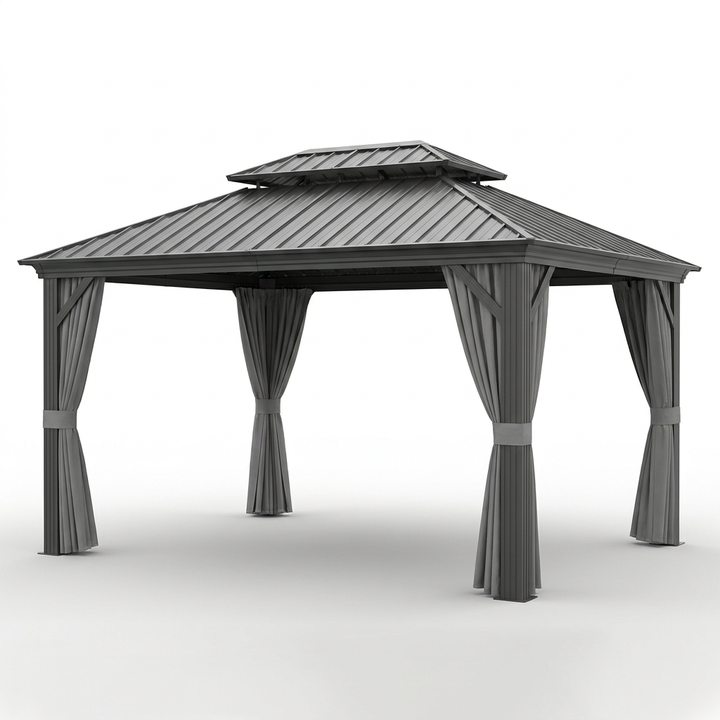 12'X14' Hardtop Gazebo, Heavy Duty Aluminum Permanent Hardtop Gazebo Outdoor Pavilion with Curtains and Netting for Garden — Studio Shot