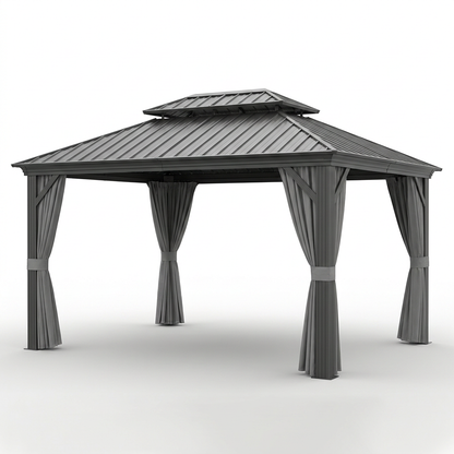 12'X14' Hardtop Gazebo, Heavy Duty Aluminum Permanent Hardtop Gazebo Outdoor Pavilion with Curtains and Netting for Garden — Studio Shot