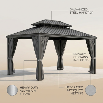 12'X14' Hardtop Gazebo, Heavy Duty Aluminum Permanent Hardtop Gazebo Outdoor Pavilion with Curtains and Netting for Garden — infographic