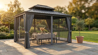 12'X14' Hardtop Gazebo, Heavy Duty Aluminum Permanent Hardtop Gazebo Outdoor Pavilion with Curtains and Netting for Garden — Lifestyle