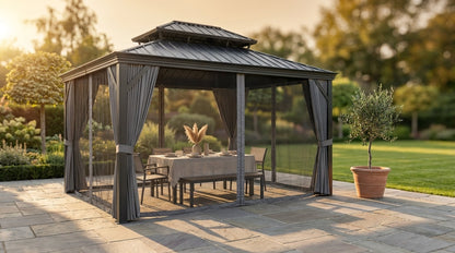 12'X14' Hardtop Gazebo, Heavy Duty Aluminum Permanent Hardtop Gazebo Outdoor Pavilion with Curtains and Netting for Garden — Lifestyle