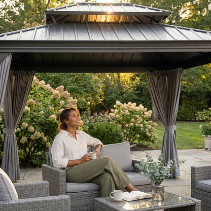 12'X14' Hardtop Gazebo, Heavy Duty Aluminum Permanent Hardtop Gazebo Outdoor Pavilion with Curtains and Netting for Garden — Lifestyle