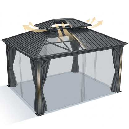 12'X14' Hardtop Gazebo, Heavy Duty Aluminum Permanent Hardtop Gazebo Outdoor Pavilion with Curtains and Netting for Garden — How It Works