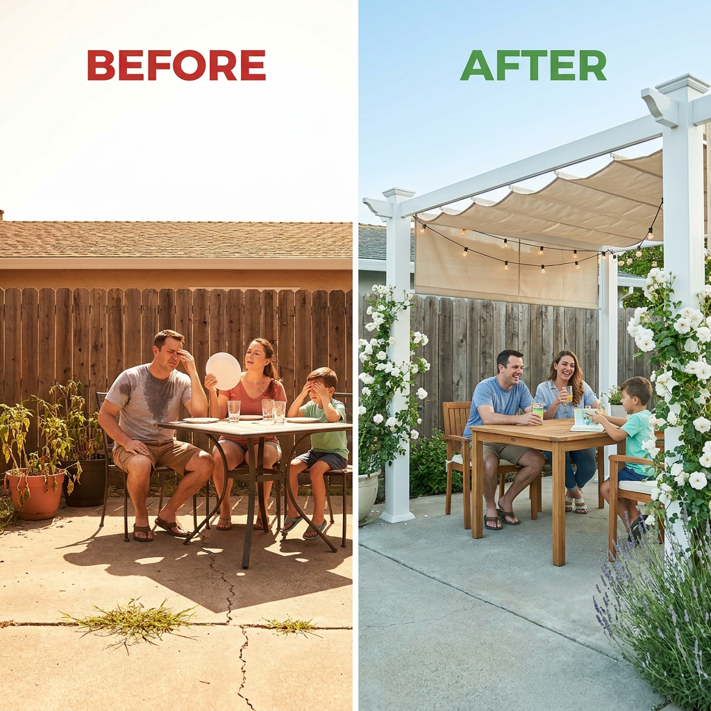 120"L X 120"W X 108"H Vinyl Malibu Canopy Pergola, White, VA42057 — Before & After