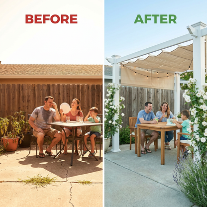 120"L X 120"W X 108"H Vinyl Malibu Canopy Pergola, White, VA42057 — Before & After