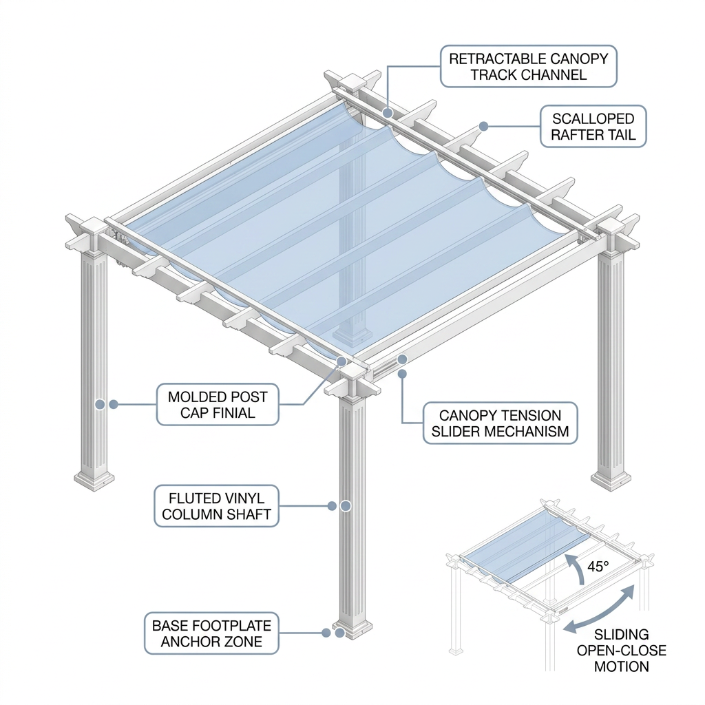 120"L X 120"W X 108"H Vinyl Malibu Canopy Pergola, White, VA42057 — How It Works