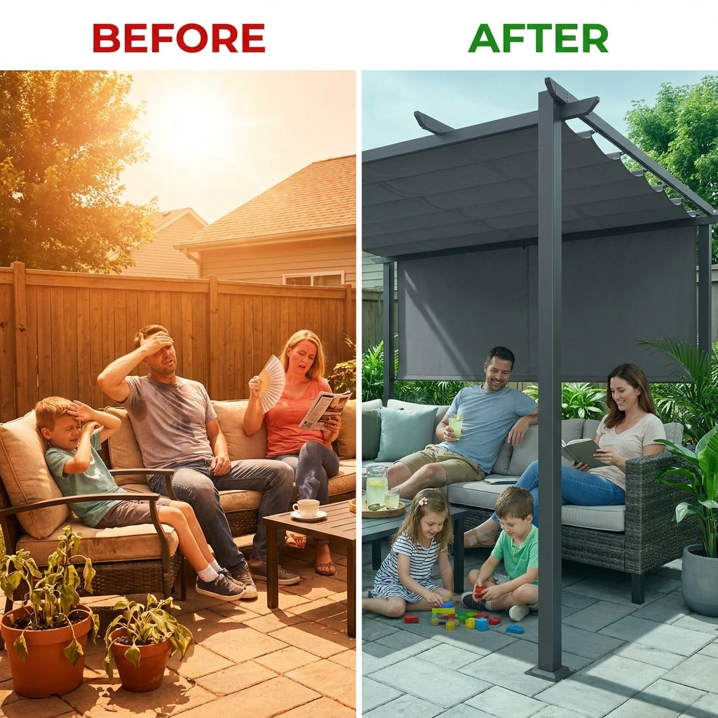 16 Ft. W X 12 Ft. D Aluminum Pergola Outdoor with Dark Gray Retractable Canopy — Before & After