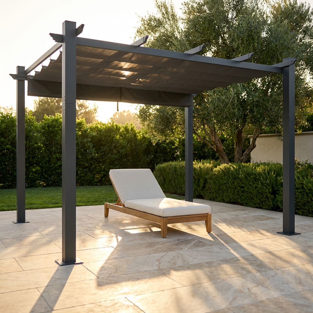 16 Ft. W X 12 Ft. D Aluminum Pergola Outdoor with Dark Gray Retractable Canopy — Studio Shot