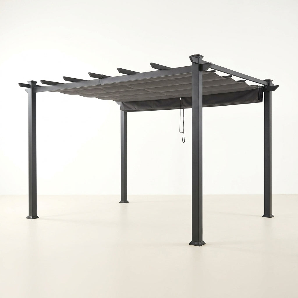 16 Ft. W X 12 Ft. D Aluminum Pergola Outdoor with Dark Gray Retractable Canopy — Studio Shot