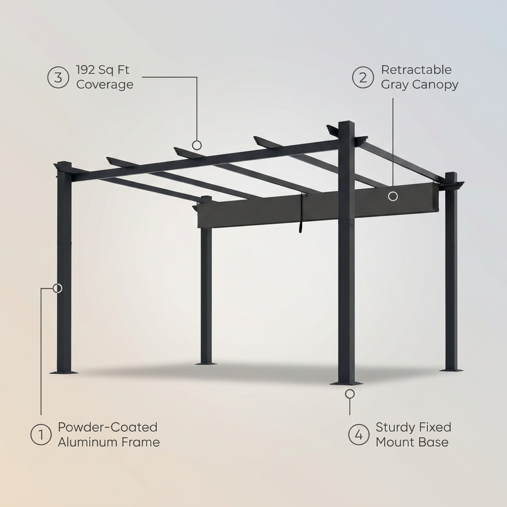 16 Ft. W X 12 Ft. D Aluminum Pergola Outdoor with Dark Gray Retractable Canopy — infographic