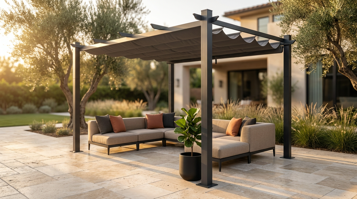 16 Ft. W X 12 Ft. D Aluminum Pergola Outdoor with Dark Gray Retractable Canopy — Lifestyle