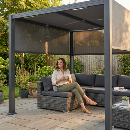 16 Ft. W X 12 Ft. D Aluminum Pergola Outdoor with Dark Gray Retractable Canopy — Lifestyle