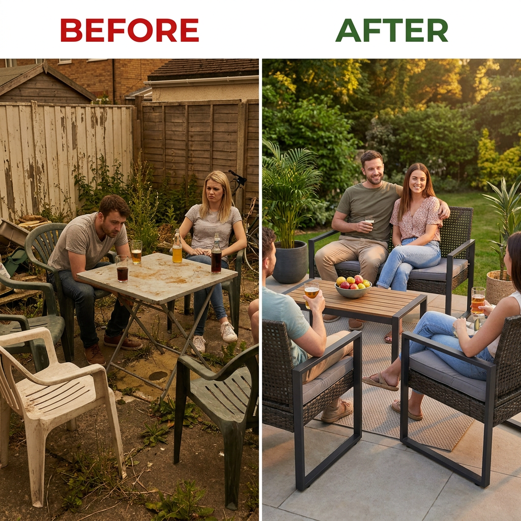 4-Piece Wicker Patio Conversation Set with Cushion, Outdoor Patio Furniture Set with Wood Table Top-Grey Cushions — Before & After