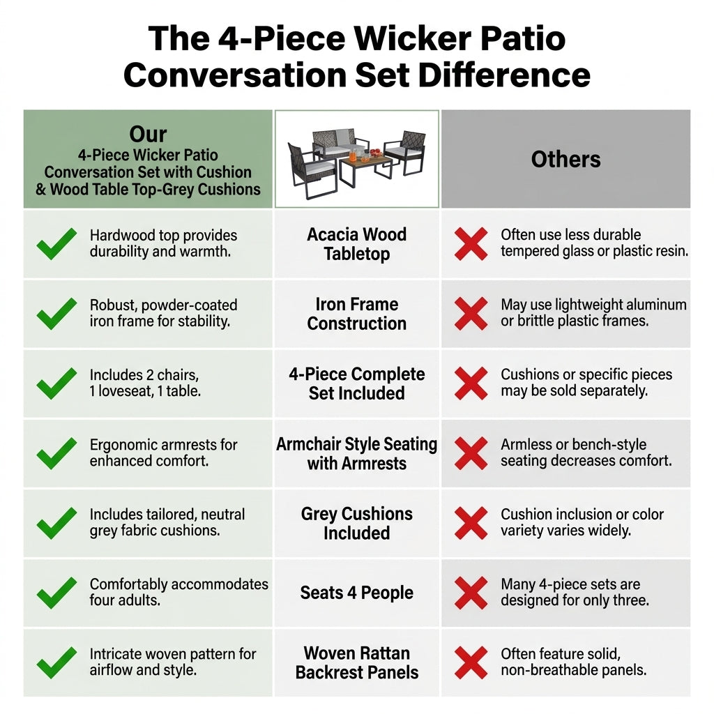 4-Piece Wicker Patio Conversation Set with Cushion, Outdoor Patio Furniture Set with Wood Table Top-Grey Cushions — Comparison