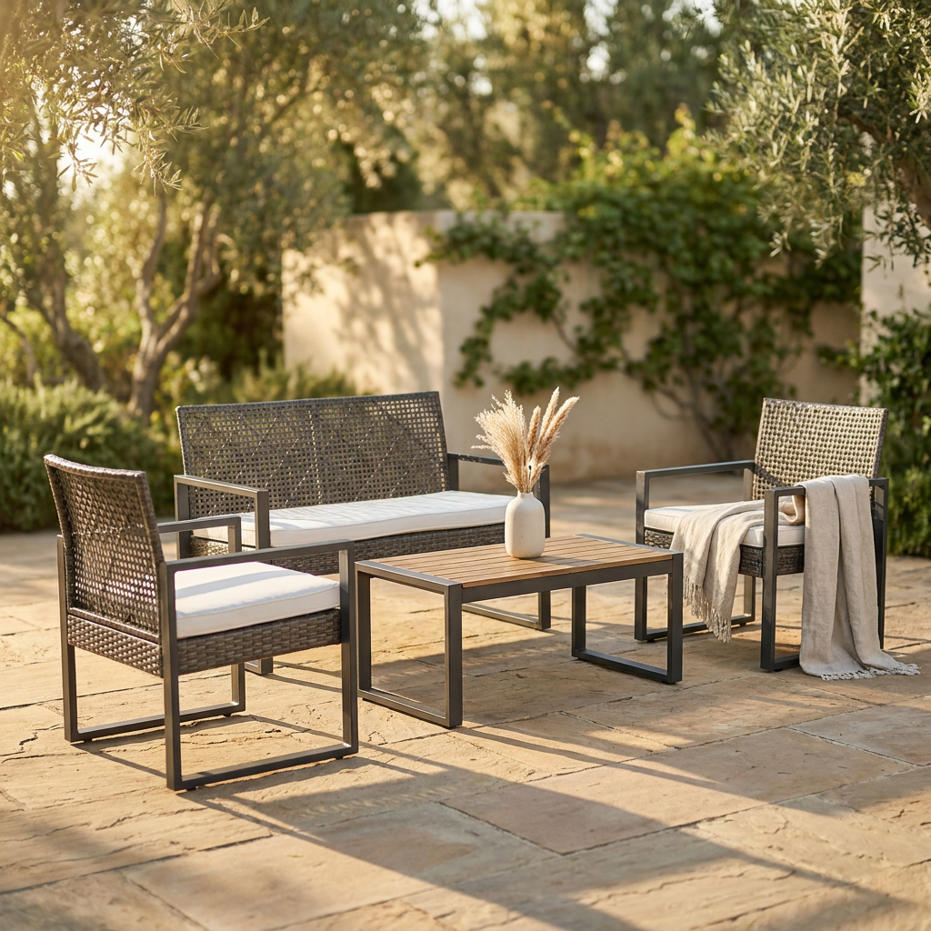 4-Piece Wicker Patio Conversation Set with Cushion, Outdoor Patio Furniture Set with Wood Table Top-Grey Cushions — Studio Shot