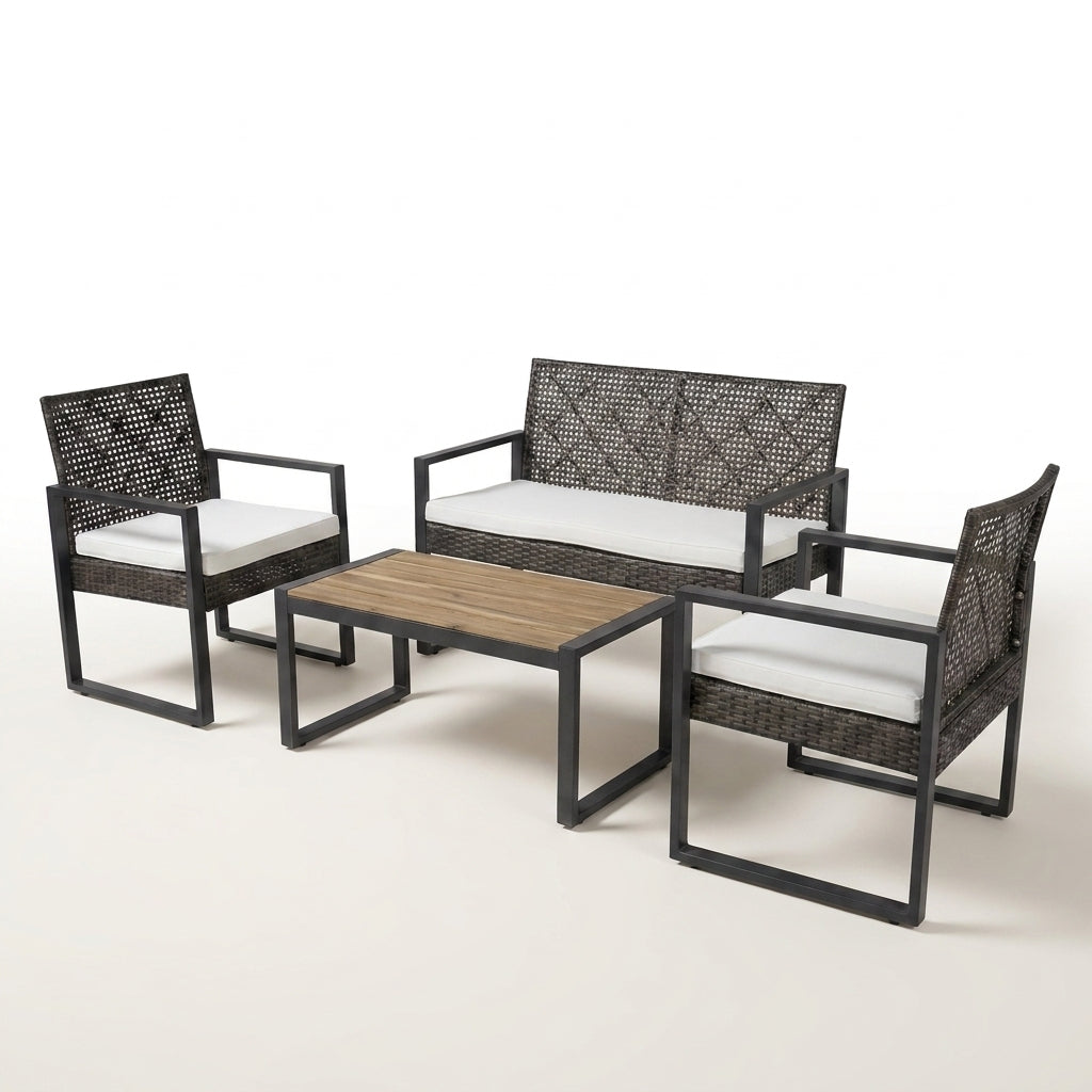 4-Piece Wicker Patio Conversation Set with Cushion, Outdoor Patio Furniture Set with Wood Table Top-Grey Cushions — Studio Shot