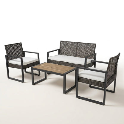 4-Piece Wicker Patio Conversation Set with Cushion, Outdoor Patio Furniture Set with Wood Table Top-Grey Cushions — Studio Shot