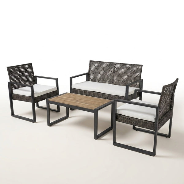 4-Piece Wicker Patio Conversation Set with Cushion, Outdoor Patio Furniture Set with Wood Table Top-Grey Cushions — Studio Shot