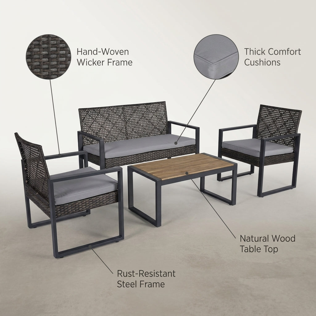 4-Piece Wicker Patio Conversation Set with Cushion, Outdoor Patio Furniture Set with Wood Table Top-Grey Cushions — infographic