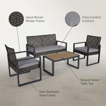 4-Piece Wicker Patio Conversation Set with Cushion, Outdoor Patio Furniture Set with Wood Table Top-Grey Cushions — infographic