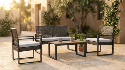 4-Piece Wicker Patio Conversation Set with Cushion, Outdoor Patio Furniture Set with Wood Table Top-Grey Cushions — Lifestyle