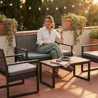 4-Piece Wicker Patio Conversation Set with Cushion, Outdoor Patio Furniture Set with Wood Table Top-Grey Cushions — Lifestyle