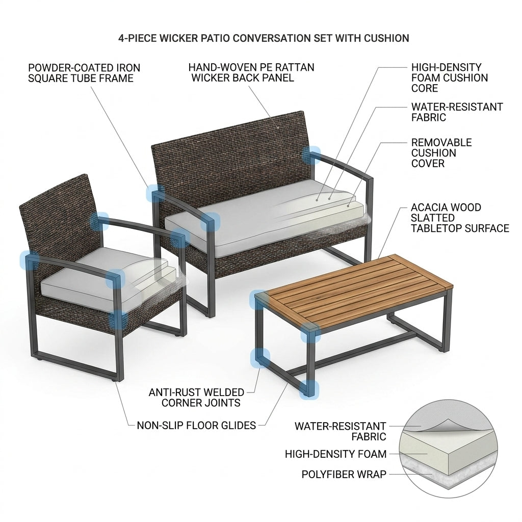 4-Piece Wicker Patio Conversation Set with Cushion, Outdoor Patio Furniture Set with Wood Table Top-Grey Cushions — How It Works