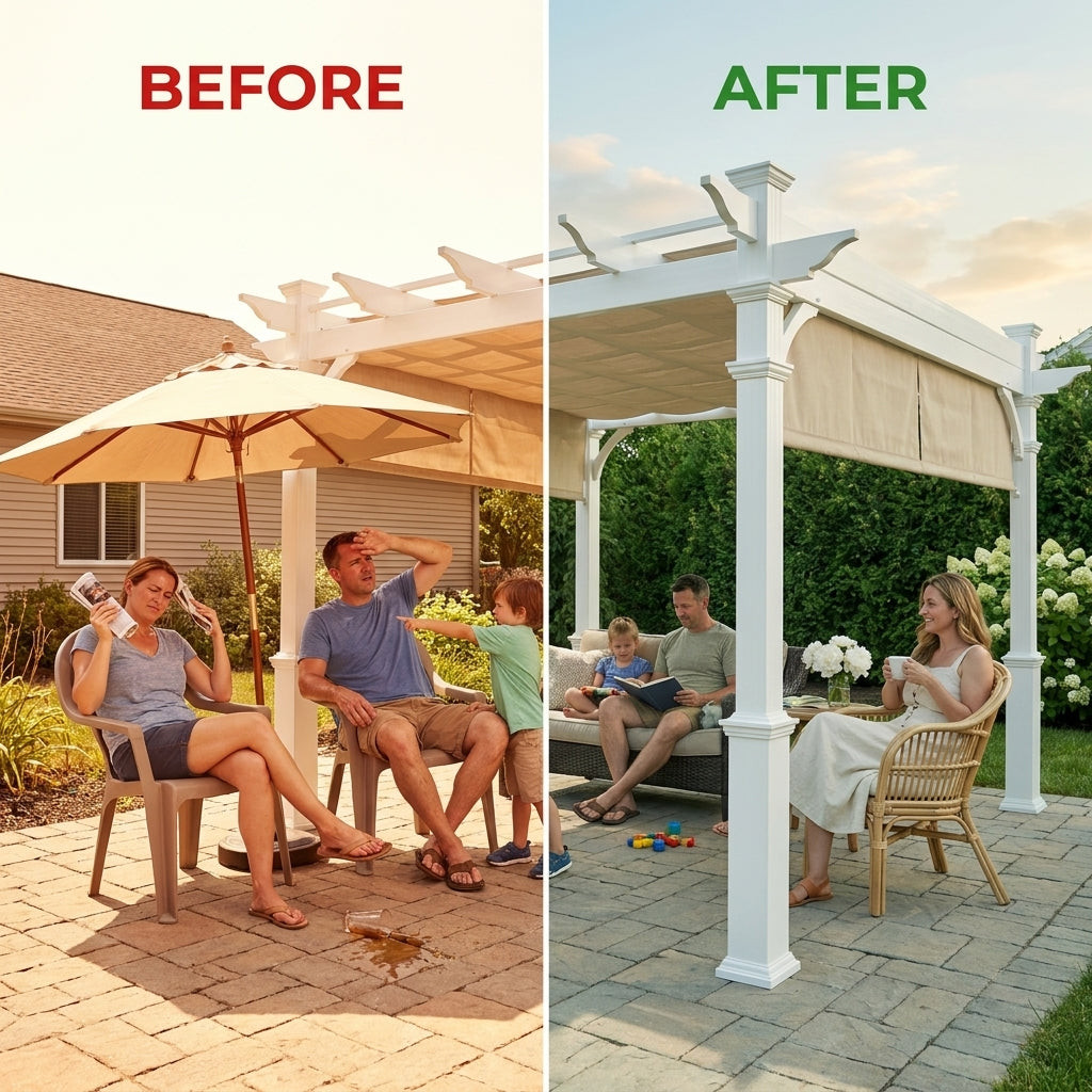 Vinyl Canopy Pergola Built for Weather Resistance, 10x10 Foot Coverage, Adjustable Canvas Shade, White — Before & After