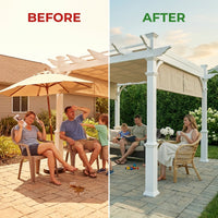 Vinyl Canopy Pergola Built for Weather Resistance, 10x10 Foot Coverage, Adjustable Canvas Shade, White — Before & After