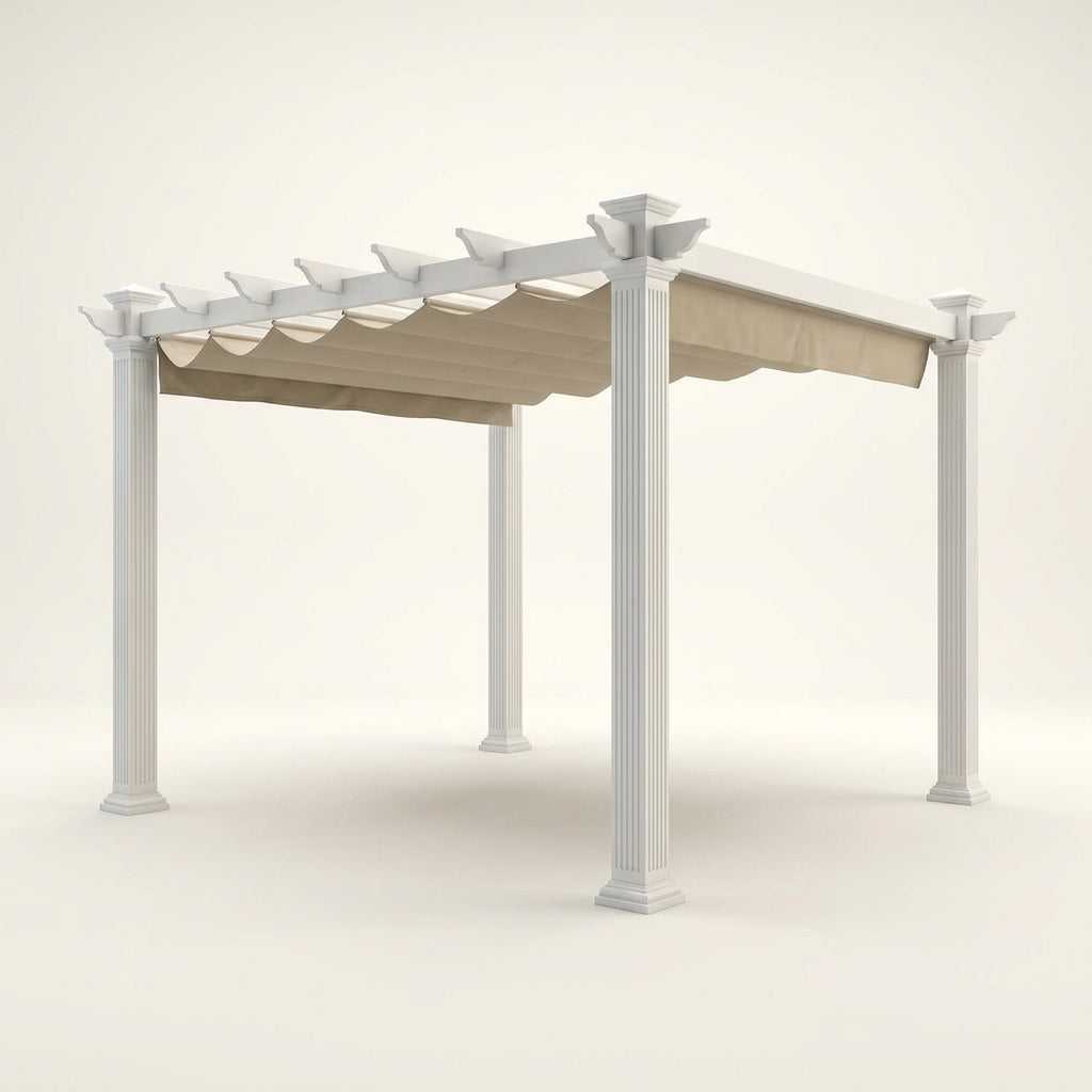 Vinyl Canopy Pergola Built for Weather Resistance, 10x10 Foot Coverage, Adjustable Canvas Shade, White — Studio Shot