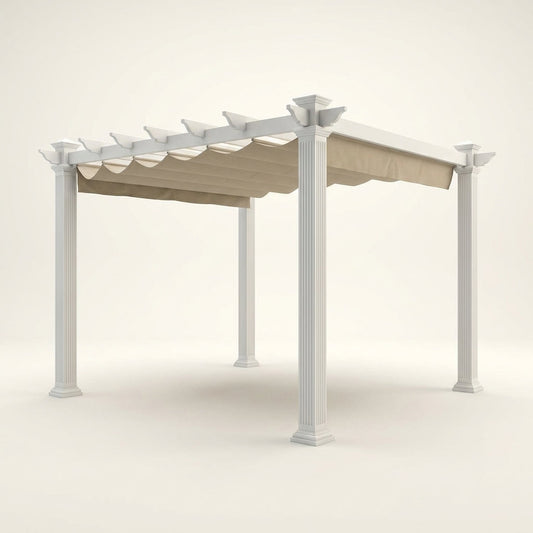 Vinyl Canopy Pergola Built for Weather Resistance, 10x10 Foot Coverage, Adjustable Canvas Shade, White — Studio Shot