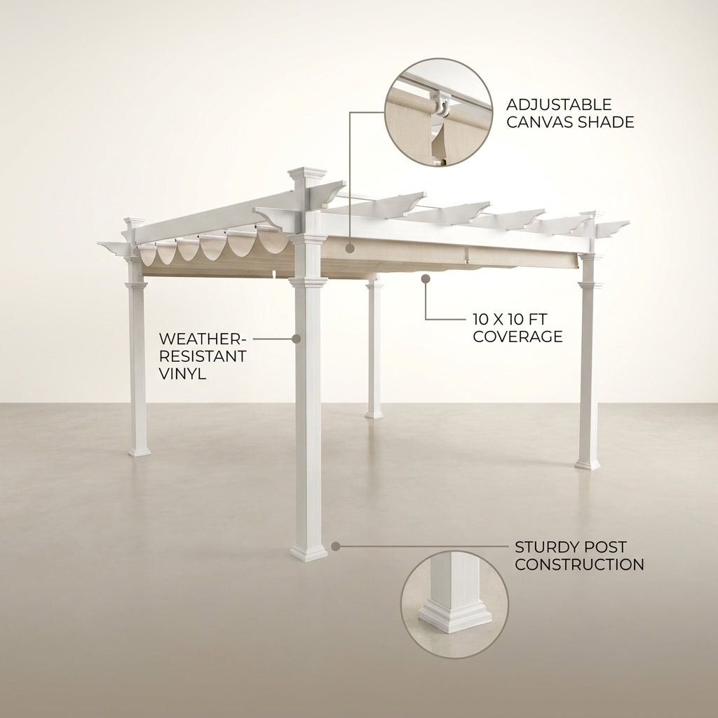 Vinyl Canopy Pergola Built for Weather Resistance, 10x10 Foot Coverage, Adjustable Canvas Shade, White — infographic