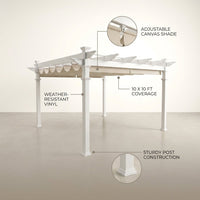 Vinyl Canopy Pergola Built for Weather Resistance, 10x10 Foot Coverage, Adjustable Canvas Shade, White — infographic